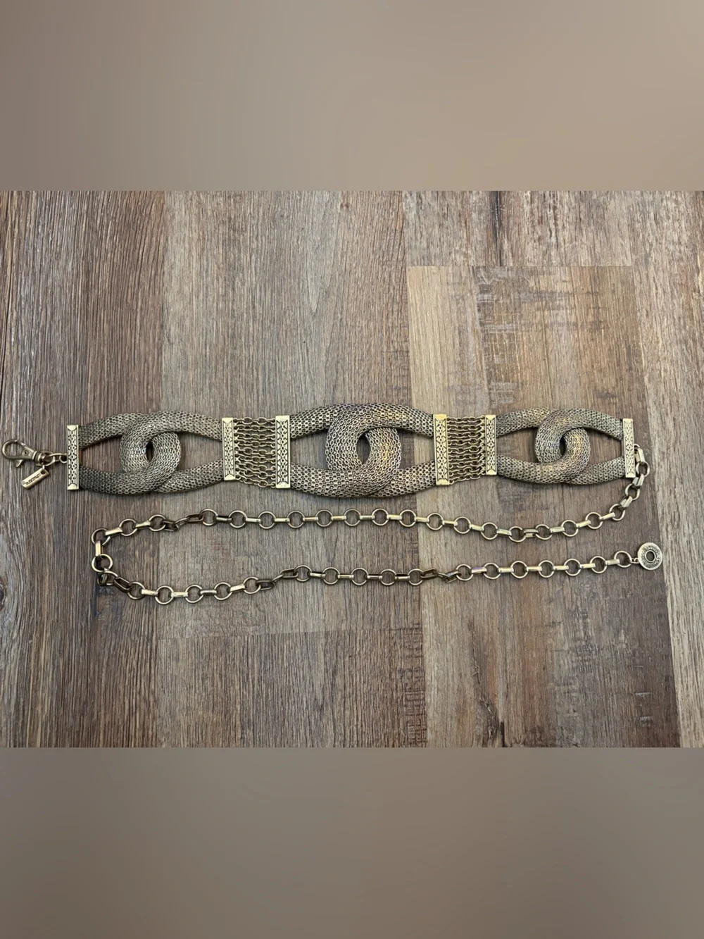 Vingold-tone statement belt featuring textured interlocking links and a chain